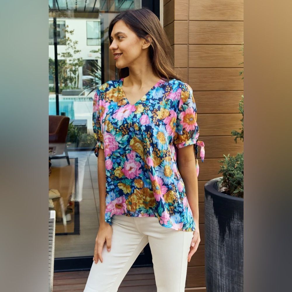 Petal Dew Floral V-Neck Tie Sleeve Detail Blouse NEW with tags Size Medium